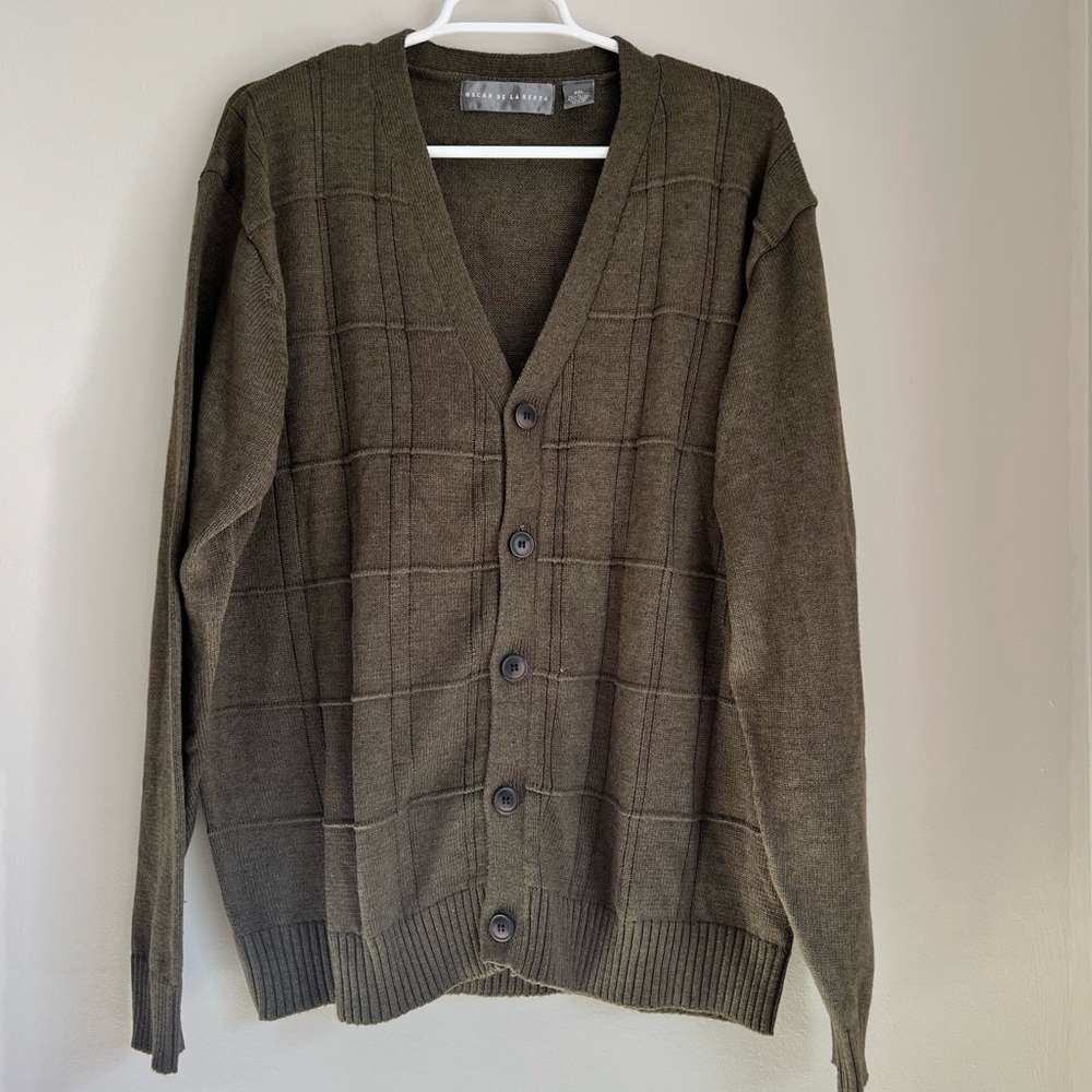 Oscar de la Renta Olive Green 90s Grandpa Button Front Cardigan Size XXL
